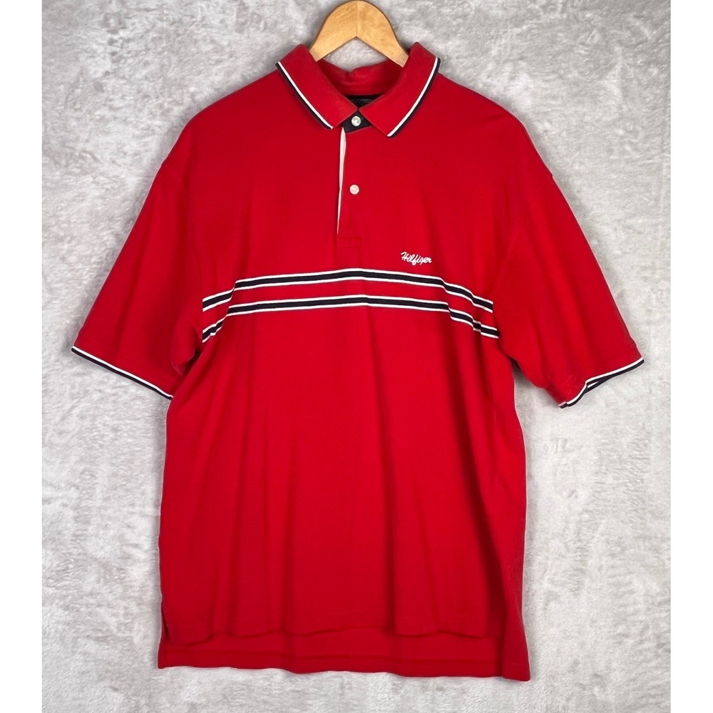 Vintage Tommy Hilfiger Mens XL Pique Polo Shirt Red Striped Logo Shrt Sleeve Y2K